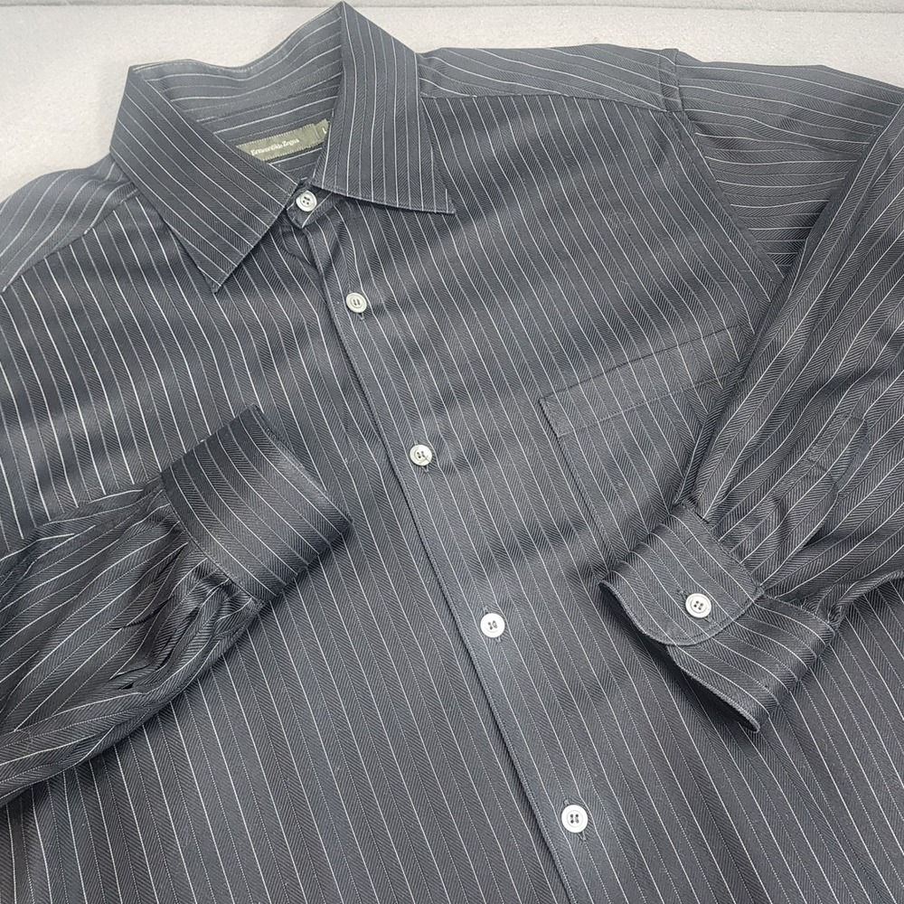 Ermenegildo Zegna Button Down Shirt Black Herringbone Pinstripe Mens Large